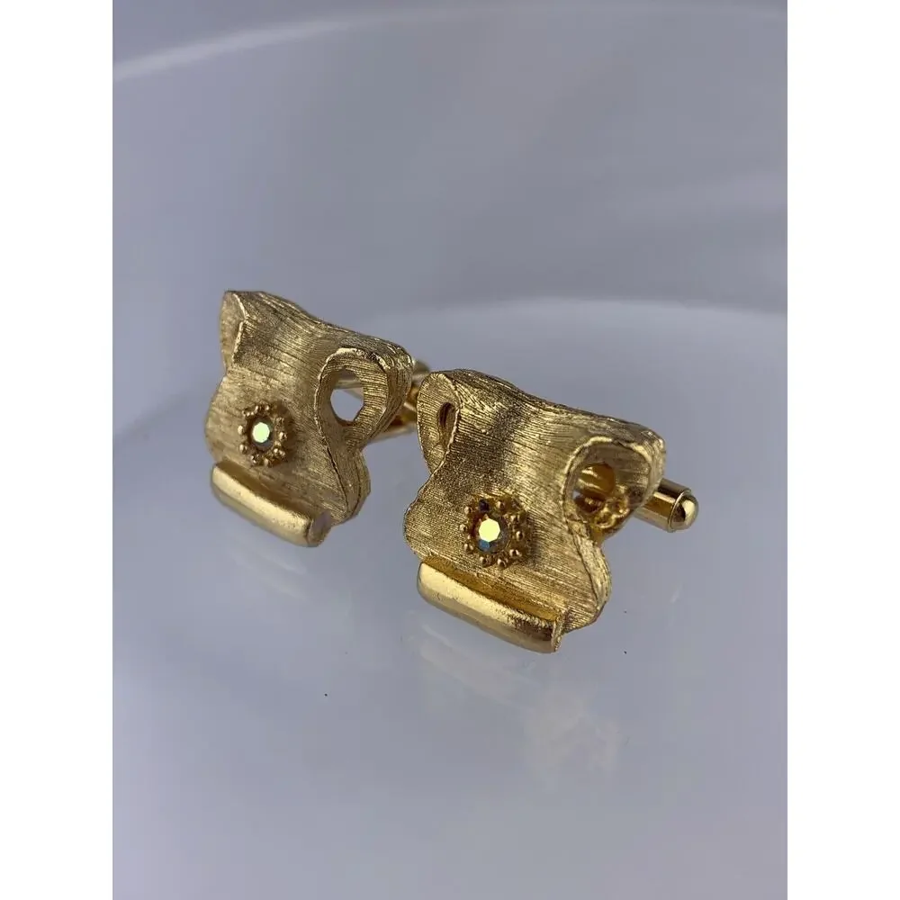 Aurora Borealis Rhinestone Gold Tone Cufflinks Modernist Lyre Unique Vintage